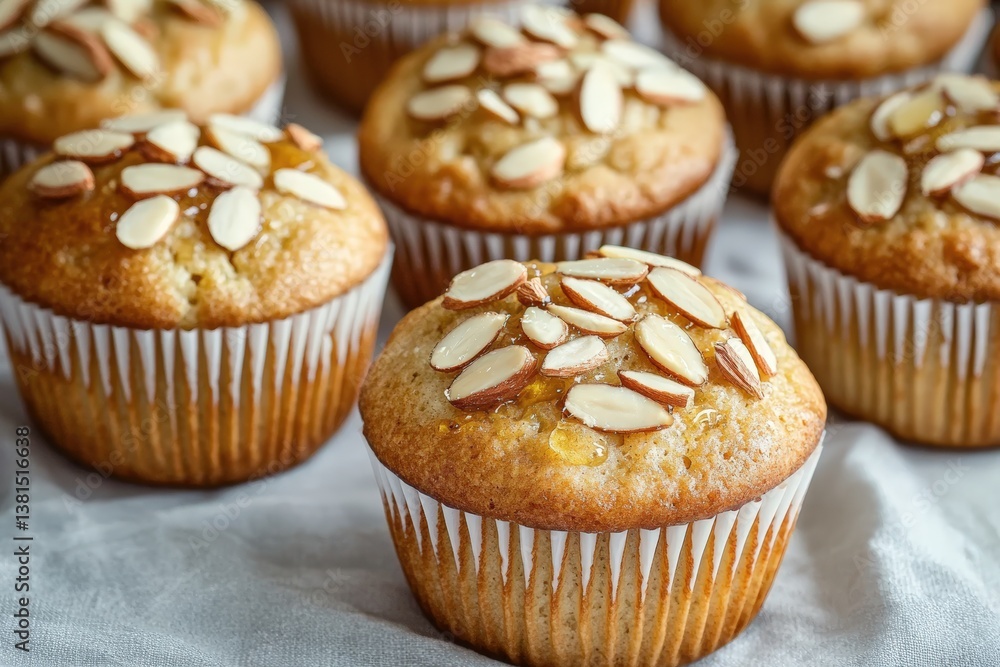 Delicious almond muffins topped with slivered almonds, arranged neatly on a light surface, showcasing their golden-brown color and fluffy texture. Delicious almond muffins topped with slivered almonds, arranged neatly on a light surface, showcasing their golden-brown color and fluffy texture.