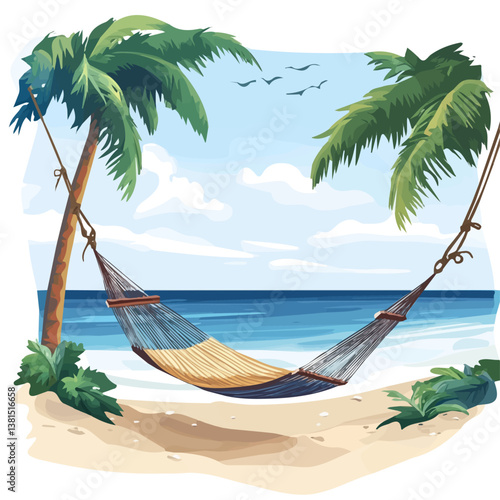 2D flat vector illustration of A Hammock Swinging In The Ocean Breeze, isolated on a white background.