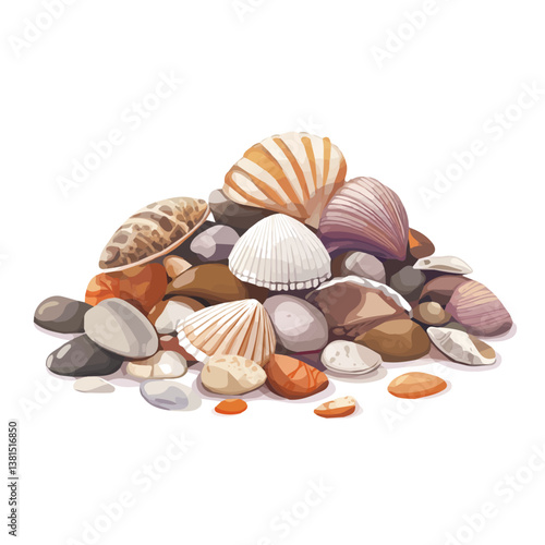 2D flat vector illustration of A Pile Of Seashells And Beach Pebbles, isolated on a white background.