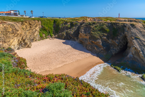 Secluded cove by the ocean with colourful flowers Porto Covo Sines Portugal
