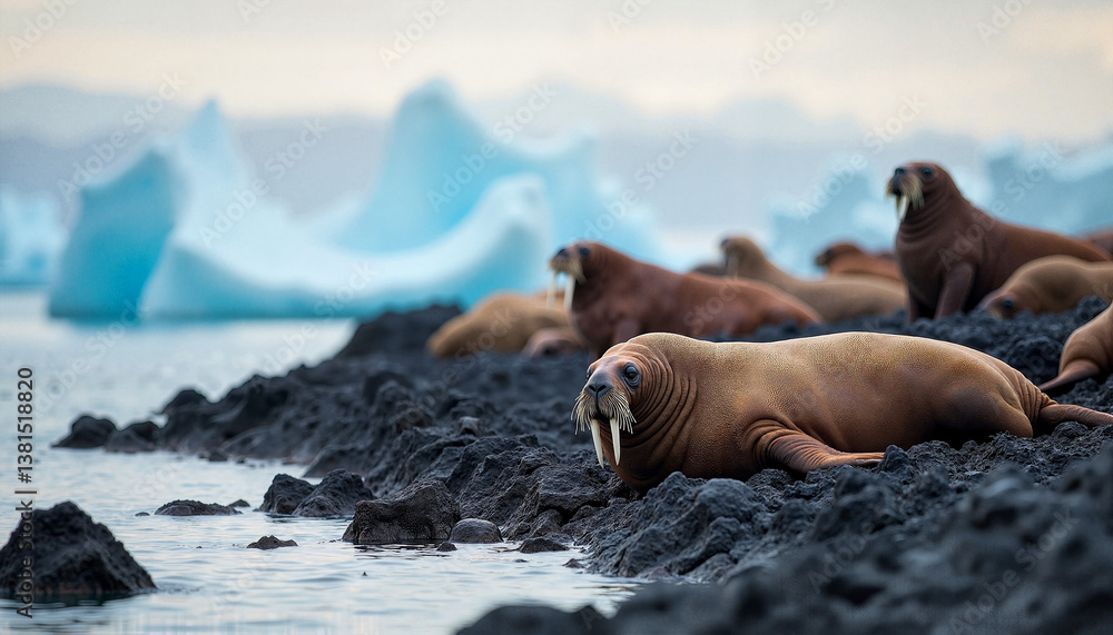 Naklejka premium Walruses resting on rocky shore against icy landscape
