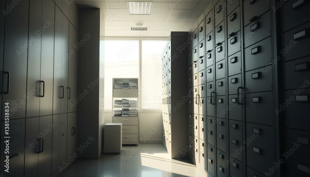 Sunlit Office Corridor with Rows of Metal Filing Cabinets Sunlit Office Corridor with Rows of Metal Filing Cabinets