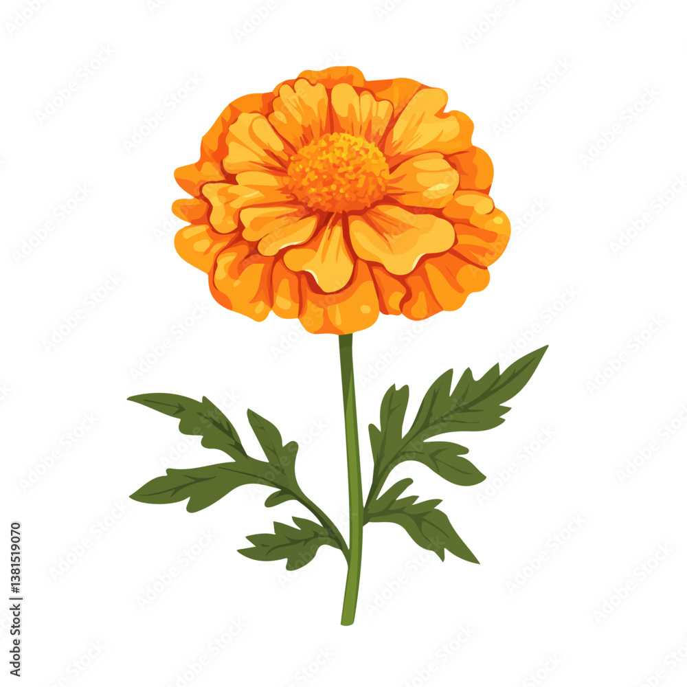 2D flat vector illustration of A Vibrant Orange Marigold Flower Blooming, isolated on a white background. 2D flat vector illustration of A Vibrant Orange Marigold Flower Blooming, isolated on a white background.