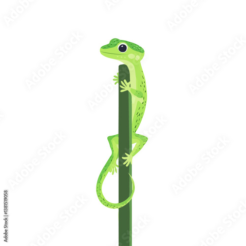 2D flat vector illustration of A Vibrant Green Gecko Climbing A Branch, isolated on a white background.