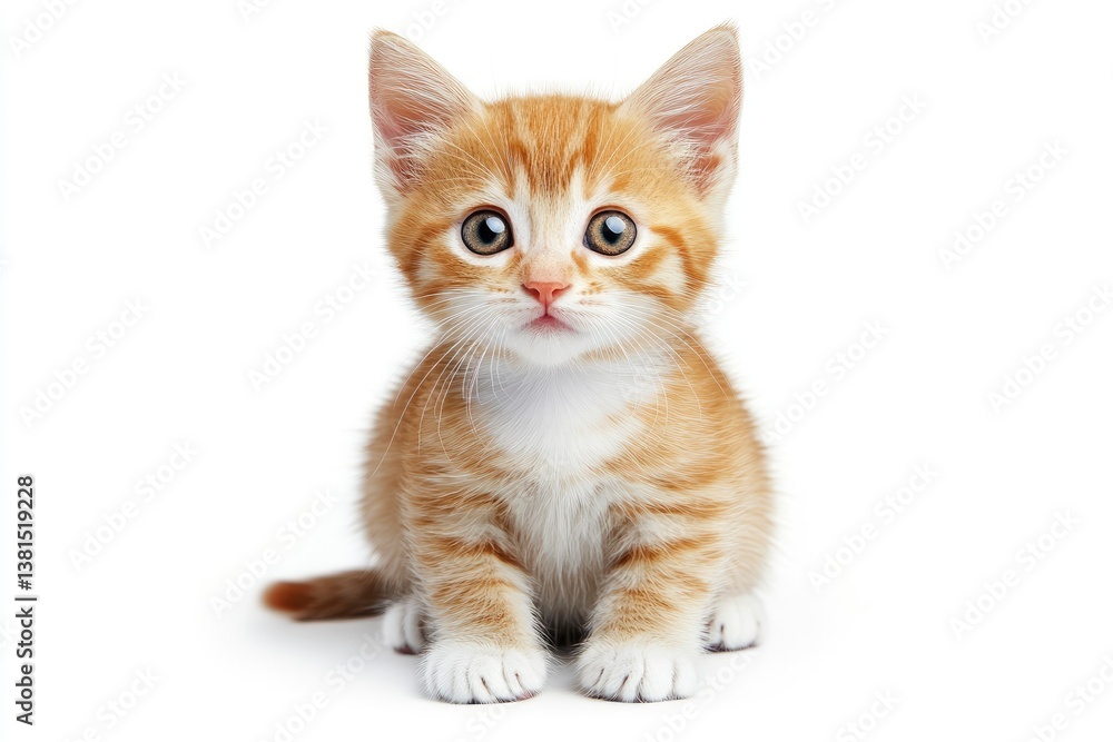 Cute Orange Kitten Sitting on White Background with Striped Markings Cute Orange Kitten Sitting on White Background with Striped Markings