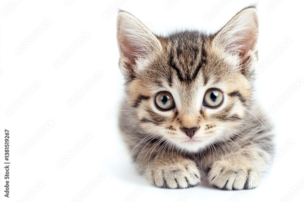 Obraz premium Cute Tabby Kitten Lying Down Looking at Camera on White Background