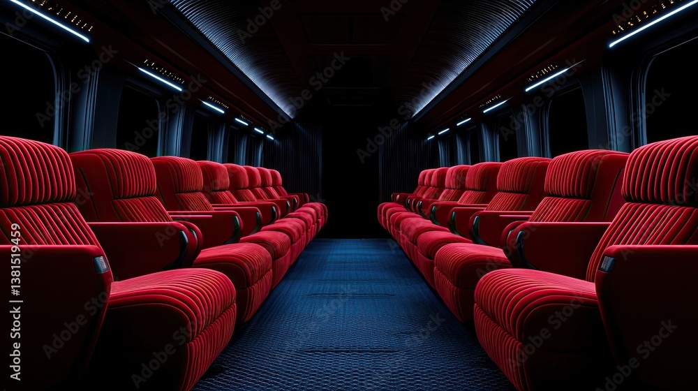 Fototapeta premium Quiet train seats in a dimly lit carriage modern transportation interior design serene atmosphere straight perspective