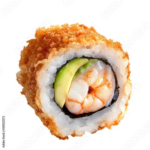 close-up of a single shrimp tempura sushi roll, isolated

