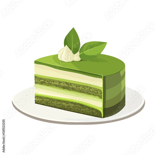 2D flat vector illustration of Matcha Cake, isolated on a white background.