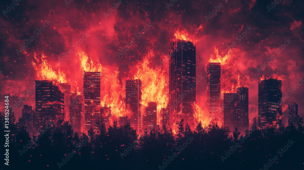 Obraz premium A surreal illustration depicting a wildfire engulfing a modern city, with flames merging into skyscrapers. A highly detailed cinematic concept art piece with a dystopian atmosphere
