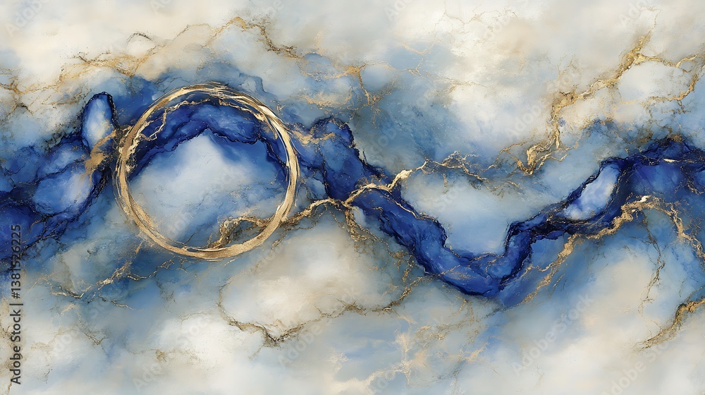 Abstract painting of flowing blue and gold colors with a circle Abstract painting of flowing blue and gold colors with a circle