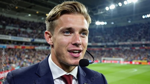 Portrait of a smiling blond male reporter giving interview at a sports stadium