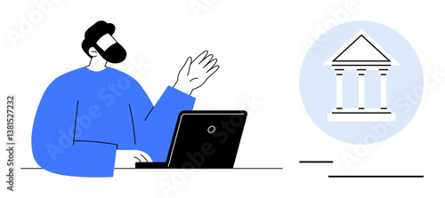 Person gesturing while seated at a desk with laptop, next to a visual of a classical institution building. Ideal for education, digital learning, government, presentations, finance, discussions, flat