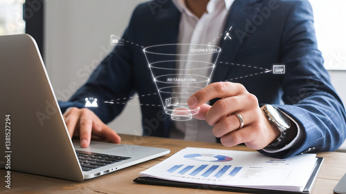 A business professional adjusting an interactive digital sales funnel, analyzing lead generation strategies, retargeting effectiveness, and customer acquisition costs.