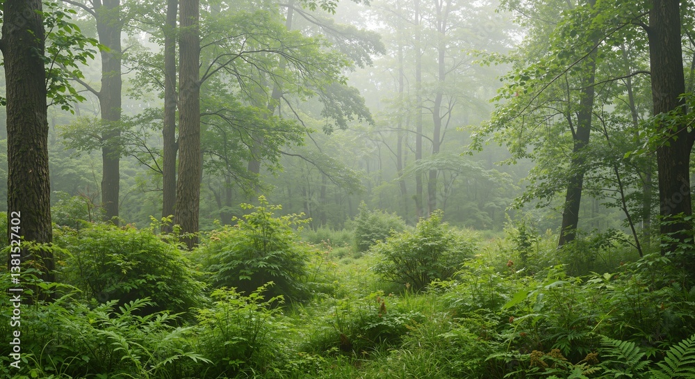 Fototapeta premium mystical forest shrouded in fog creating a serene and tranquil atmosphere with lush greenery and towering trees surrounded by vibrant underbrush