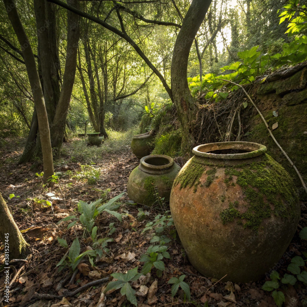 Generative AI of a weathered pottery pots, covered in moss and dirt, nestled beneath overgrown trees. Dappled sunlight filters through the dense canopy, casting soft shadows on the aged ceramics. Generative AI of a weathered pottery pots, covered in moss and dirt, nestled beneath overgrown trees. Dappled sunlight filters through the dense canopy, casting soft shadows on the aged ceramics.