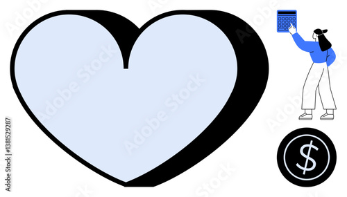 Large heart shape paired with a woman holding a calculator and a dollar coin. Ideal for finance, budgeting, love, emotion, charity, giving, and care concepts. Flat simple metaphor