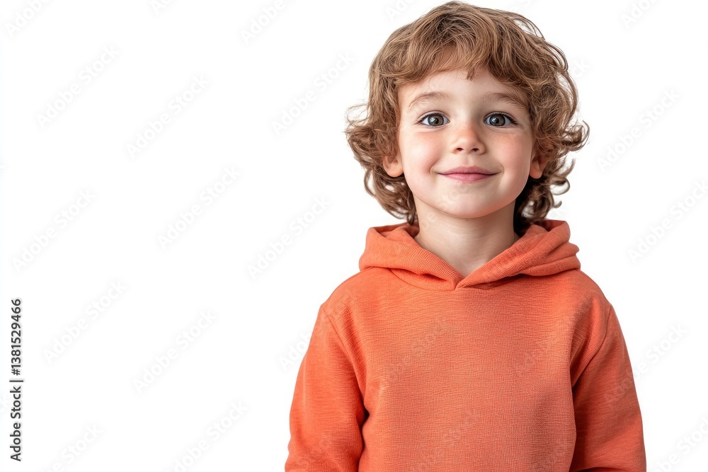 Smiling Young Boy with Curly Hair and Orange Hoodie Portrait Smiling Young Boy with Curly Hair and Orange Hoodie Portrait