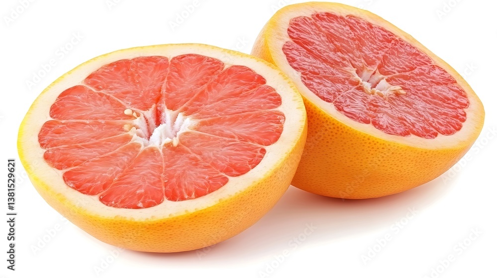 Two halves of a citrus fruit are arranged for display Two halves of a citrus fruit are arranged for display