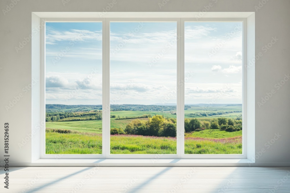 Bright and airy living space with large windows showcasing a lush green landscape at midday Bright and airy living space with large windows showcasing a lush green landscape at midday