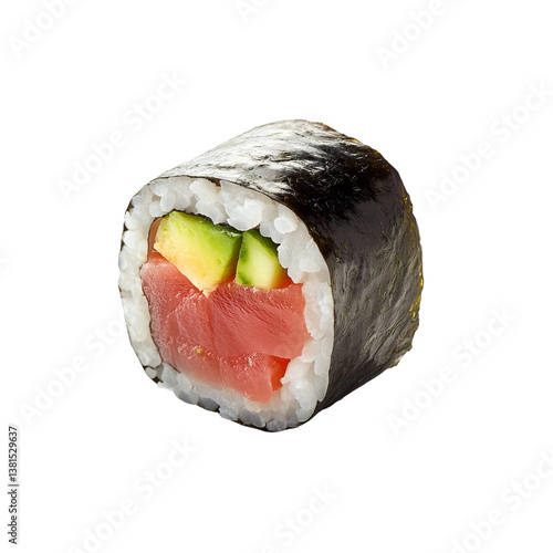 one tuna maki roll looked at from the side, low perspective

