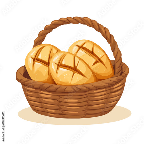 A Basket Of Freshly Baked Summer Bread 2D flat vector illustration, isolated on a white background.