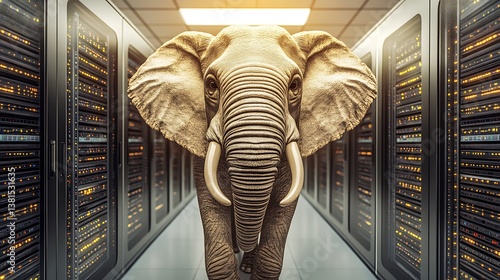 An elephant stands in a server room surrounded by technology
