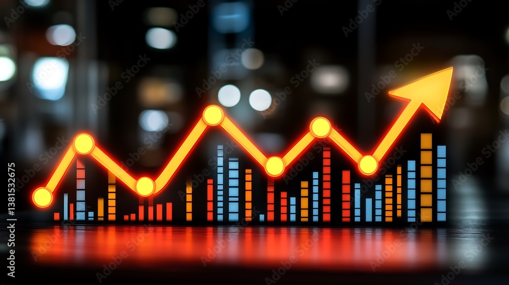 A financial performance graph shows business growth with upward direction A financial performance graph shows business growth with upward direction