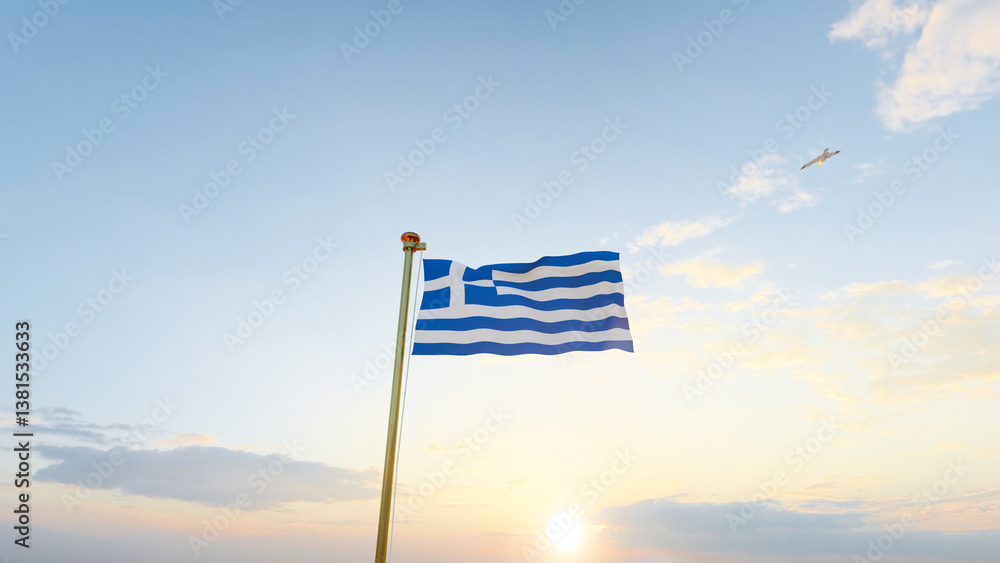 Naklejka premium Greece flag waving in beautiful sky. Flag of Greece waving in the wind, sky and sun background. Greece Flag. UHD. 