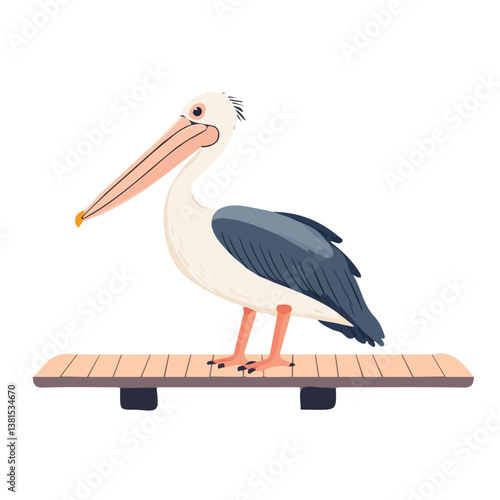 A Pelican Perched On A Pier 2D flat vector illustration, isolated on a white background.