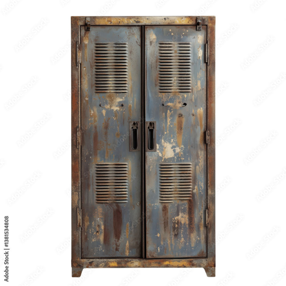 Distressed metal locker wardrobe with a weathered patina and vented doors, ideal for vintage industrial-themed interiors.