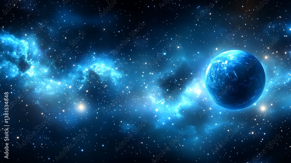 Fototapeta premium A glowing blue planet resides amongst countless distant stars