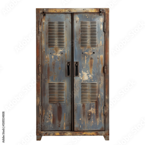 Obraz na płótnie Distressed metal locker wardrobe with a weathered patina and vented doors, ideal for vintage industrial-themed interiors. w salonie
