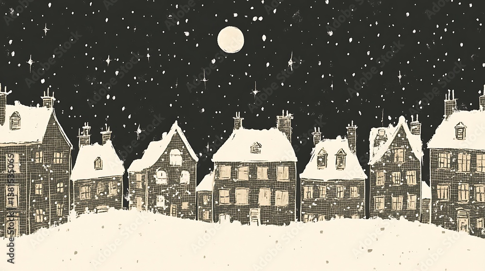 A winter scene with snow covered houses and the night sky A winter scene with snow covered houses and the night sky