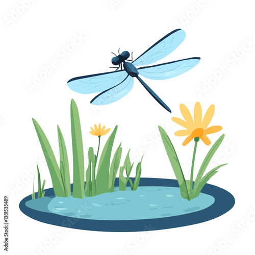 2D flat vector illustration of A Summer Dragonfly Above A Pond, isolated on a white background.