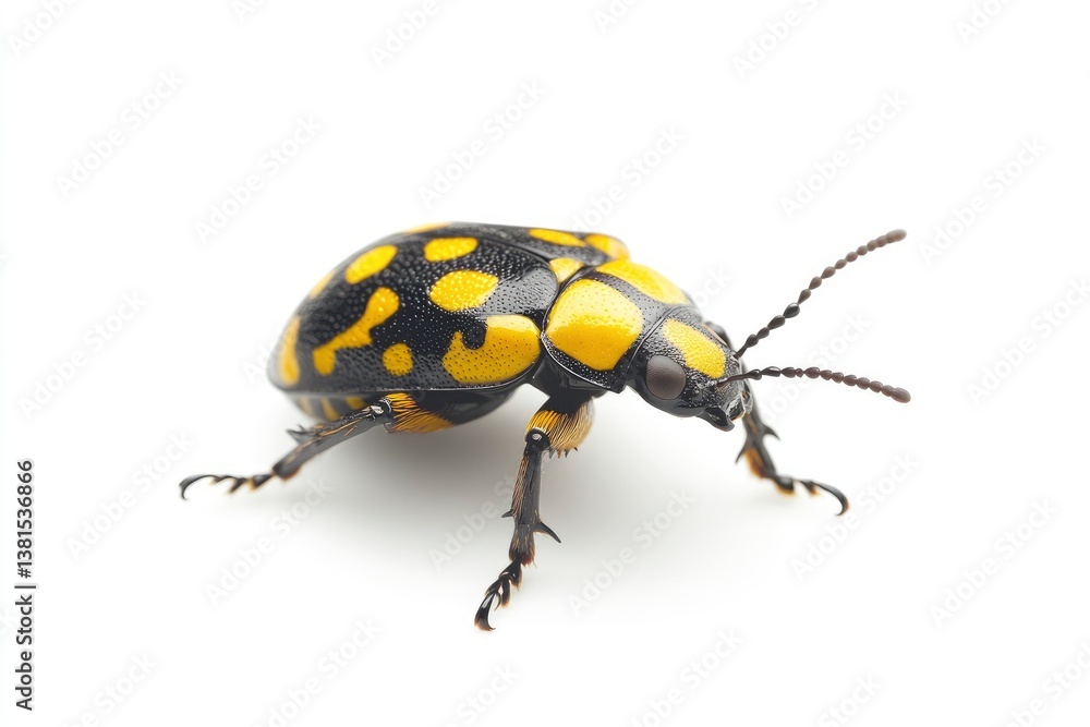 Close-up View of a Yellow Spotted Beetle Walking on White Background Close-up View of a Yellow Spotted Beetle Walking on White Background