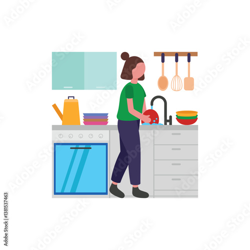 Dish Washing Flat Vector Illustration