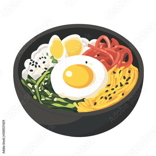 Bibimbap 2D flat vector illustration, isolated on a white background.