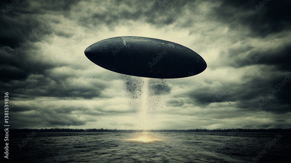 Obraz premium A dark flying craft hovers over a desolate and ominous landscape