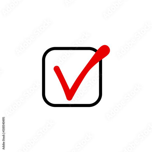 Checkmark box icon. Approved tick symbol. Red verification vector. Completed selection sign.