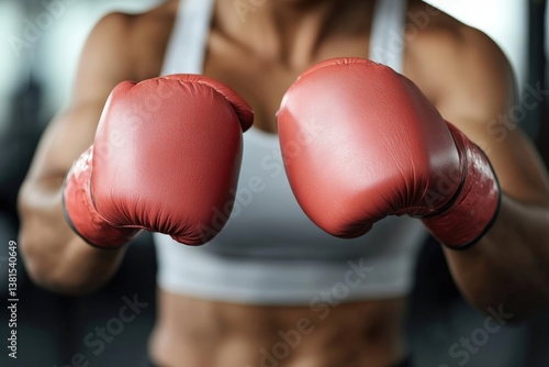 Determined female boxer wearing red boxing gloves, ready to fight