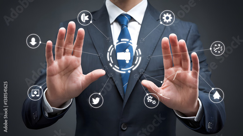 A corporate executive using hand gestures to adjust a real-time brand awareness campaign, featuring social listening analytics and competitor benchmarking.