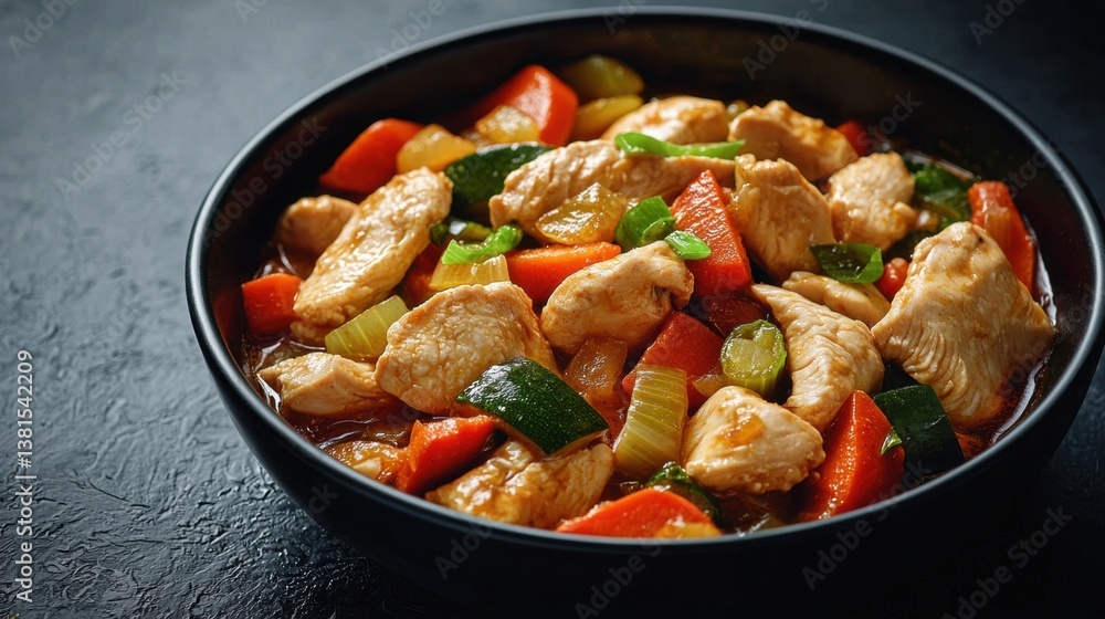 A delicious bowl of chicken stir-fry featuring tender pieces of chicken mixed with vibrant bell peppers, celery, and green onions in a savory sauce. Ideal for a nutritious dinner option A delicious bowl of chicken stir-fry featuring tender pieces of chicken mixed with vibrant bell peppers, celery, and green onions in a savory sauce. Ideal for a nutritious dinner option