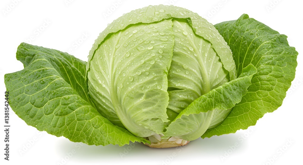 Fresh, vibrant head of cabbage, radiating a healthy, crisp appeal. Its vivid green hue and water droplets suggest peak freshness. Fresh, vibrant head of cabbage, radiating a healthy, crisp appeal. Its vivid green hue and water droplets suggest peak freshness.
