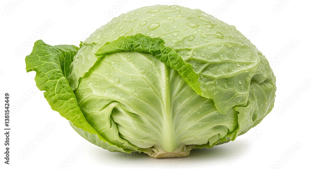 A fresh, round head of leafy green cabbage is covered with refreshing water droplets, set against a solid white backdrop. A fresh, round head of leafy green cabbage is covered with refreshing water droplets, set against a solid white backdrop.