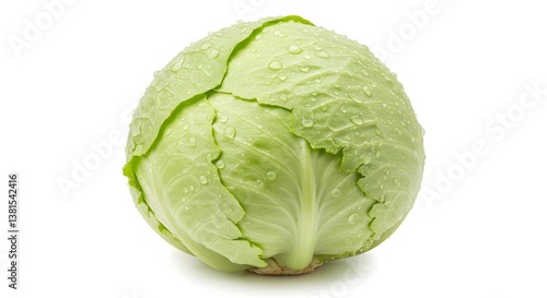 Fresh and crisp cabbage, with water droplets glistening on its green leaves, stands out against a clean white background.