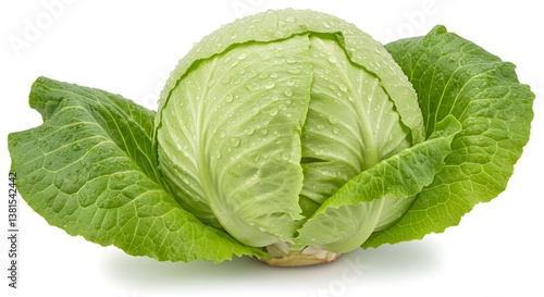 Fresh, vibrant head of cabbage, radiating a healthy, crisp appeal. Its vivid green hue and water droplets suggest peak freshness.