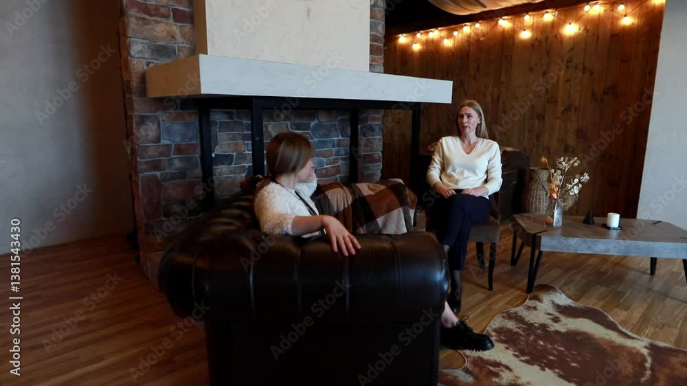 Two women engaging in conversation in a stylish indoor setting with rustic decor Two women engaging in conversation in a stylish indoor setting with rustic decor