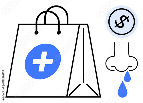 Paper bag with medical cross, nose dripping, and dollar coin highlighting healthcare costs. Ideal for healthcare, medical insurance, pharmacy, medicine cost, sickness, affordability health
