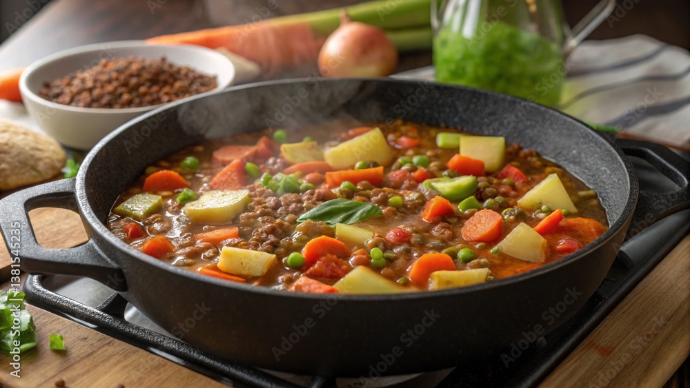 Lentil stew skillet detail, highlighting the rustic and hearty theme.
Lentil stew skillet detail, highlighting the rustic and hearty theme.